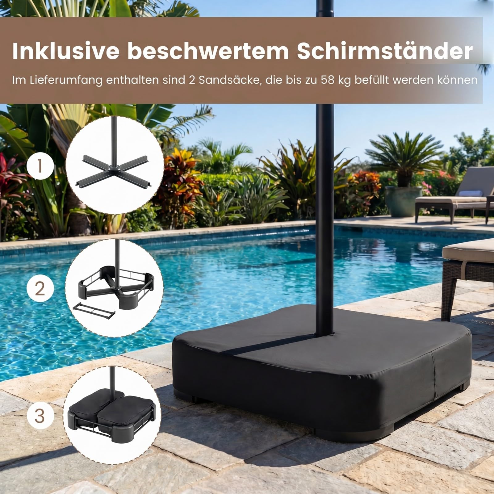 COSTWAY Doppelsonnenschirm mit Ständer und LED-Solar-Beleuchtung, 450 x 260 cm, Sonnenschirm Groß XXL, UPF 50+, Gartenschirm mit Kurbel, Terrassenschirm, Marktschirm für Garten, Terrasse, Beige