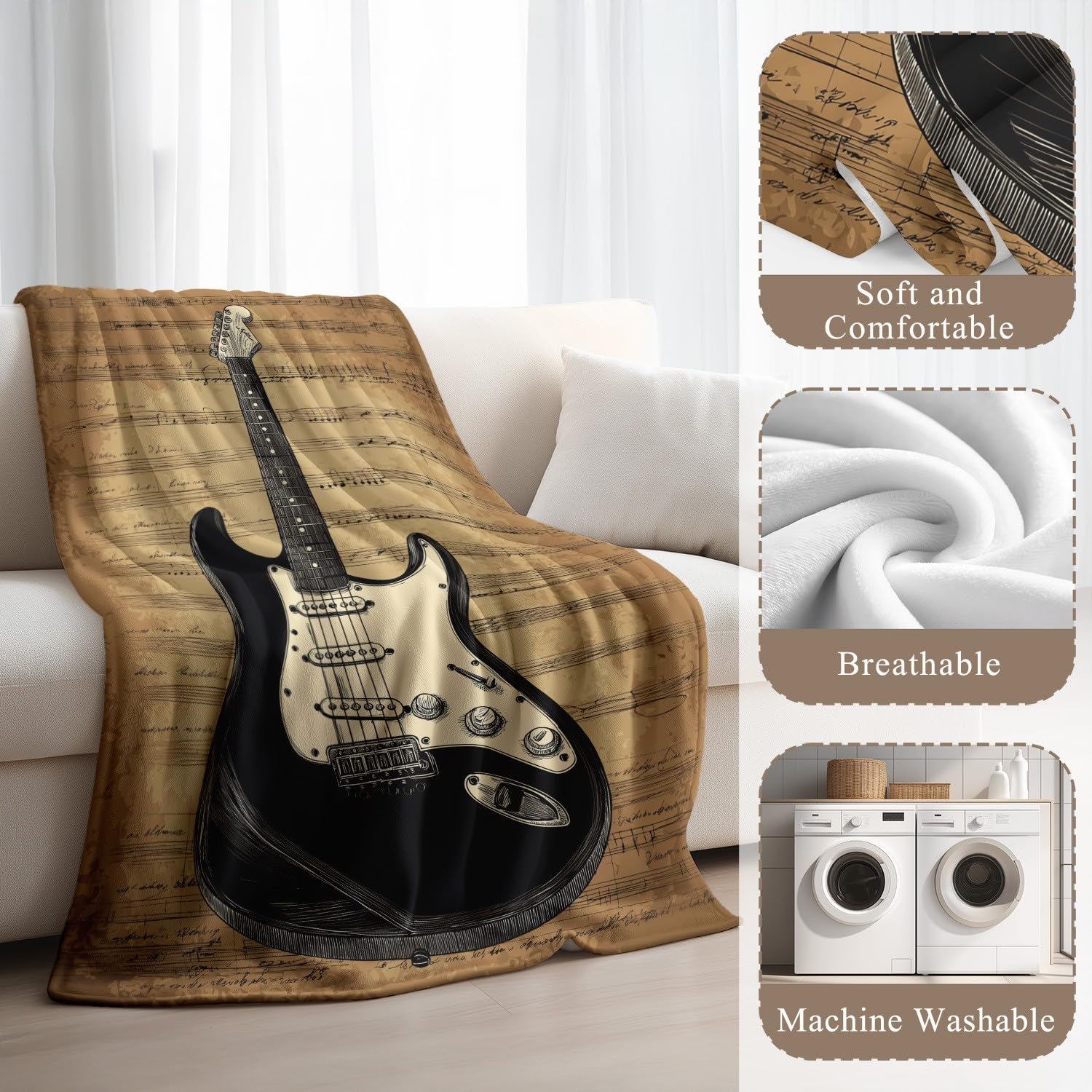 Manta musical de 200 x 200 cm, diseño vintage de instrumentos musicales con notas de guitarra, manta de forro polar acogedora de microfibra para sofá, cama, regalo para padres de niños, marrón