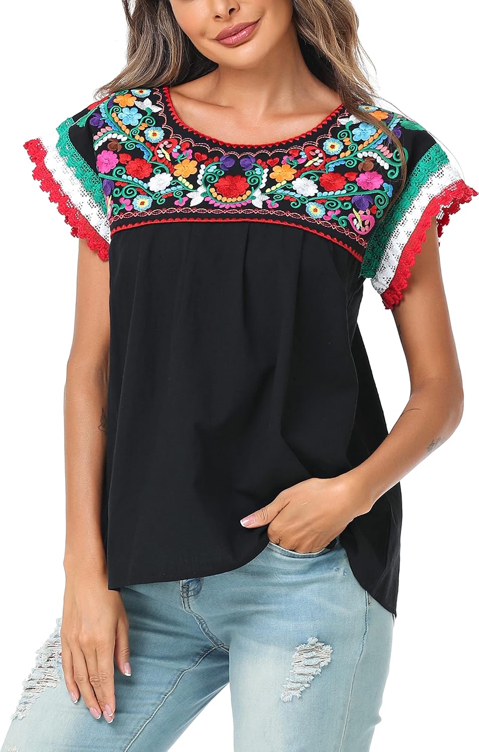 YZXDORWJ Women Mexican Embroidered Lace Traditional Colorful Blouse Tricolor Top Mexican Independence Day Shirt