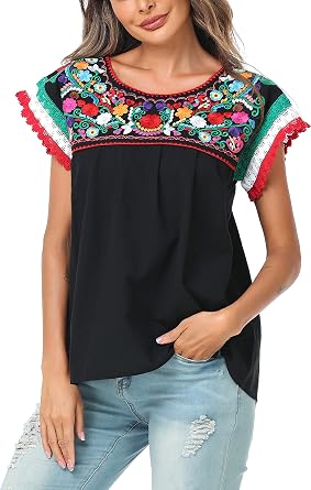 Womens Mexican Embroidered Top Boho Floral Blouse Independence Day Shirts