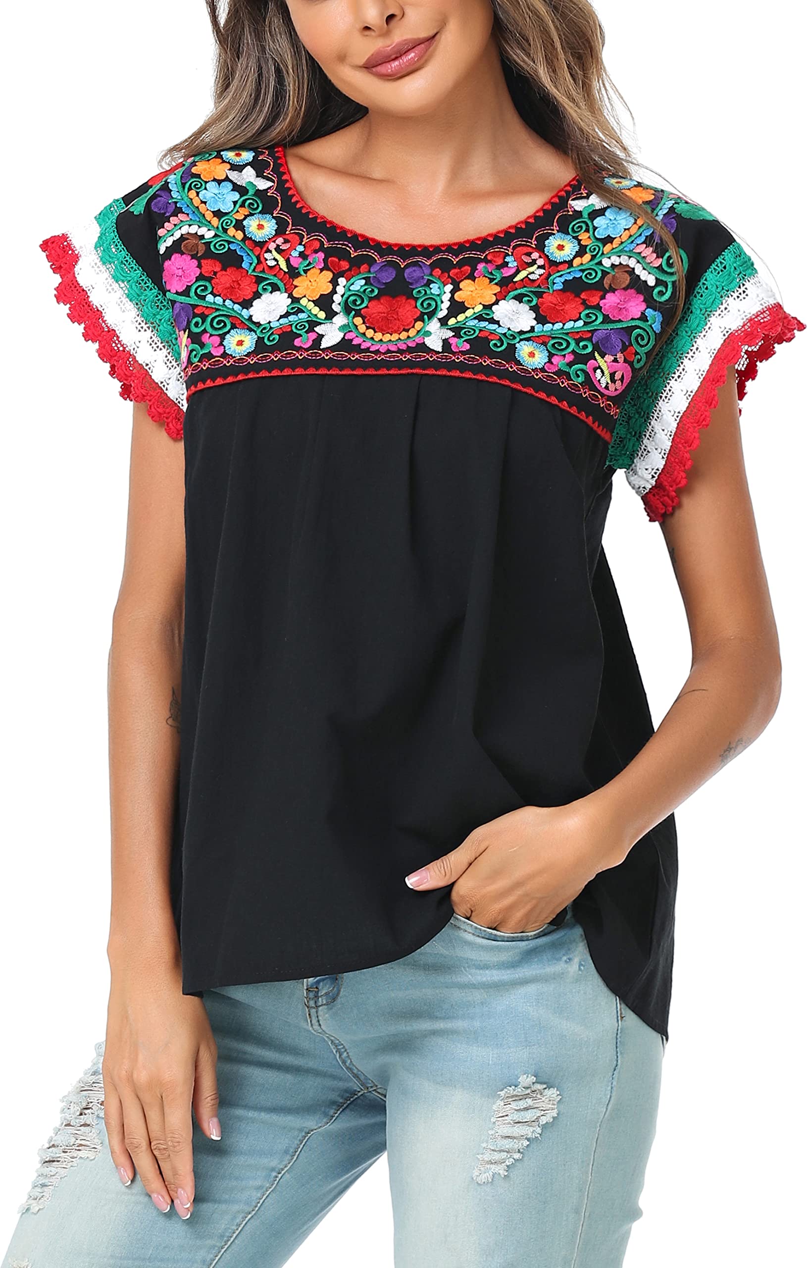 YZXDORWJ Women Mexican Embroidered Lace Traditional Colorful Blouse Tricolor Top Mexican Independence Day Shirt