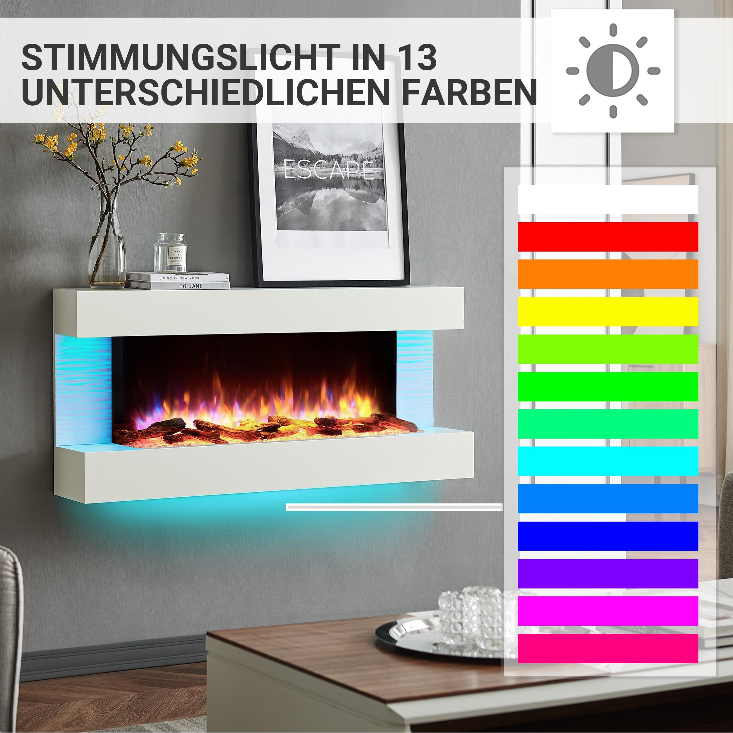 BALDERIA Elektrokamin Helia, Elektrischer Wandkamin, 2000W, Weiß