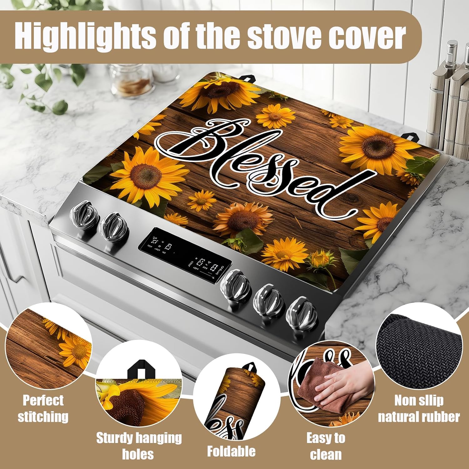 Blessed Vintage Sunflower Stove Top Covers for Electric Stove, Electric Gas Stove Pad Heat Resistant Range Cooktop Protector for Home Decor Kitchen 28"x20"