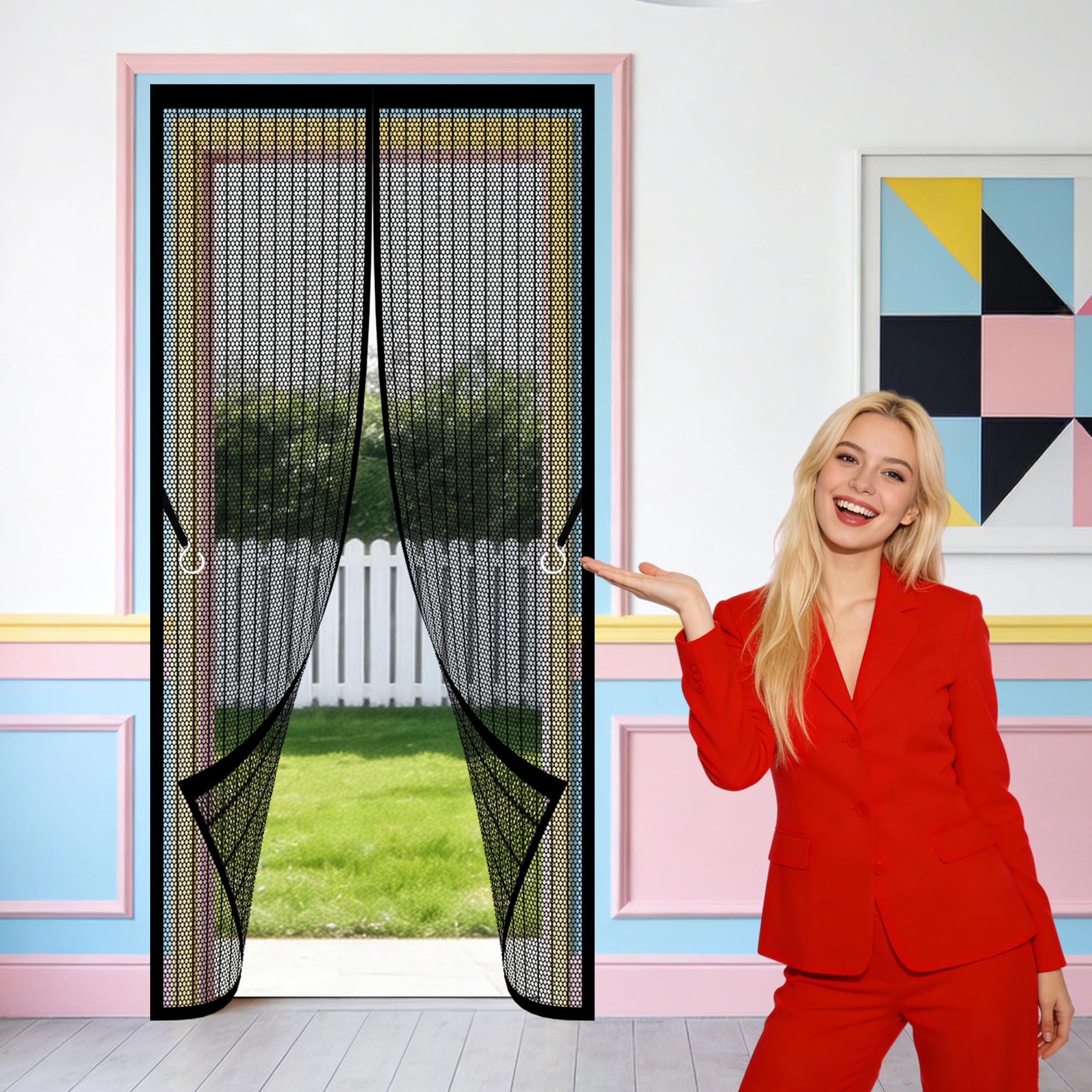 Door Screen 106 x 218 cm Hands Free Closing Door Fly Screen Keeps Bugs Out for Balcony Room, Bedroom, Kitchen, Children's Room, Single Sliding Room., Black
