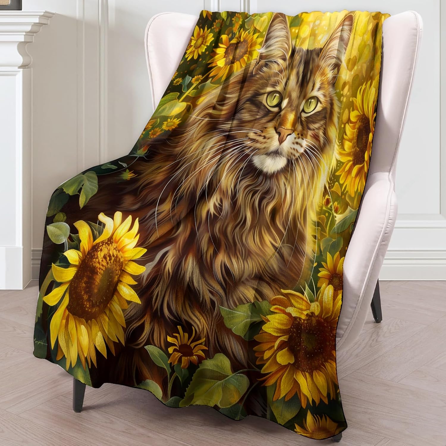 Sunflower Maine Coon Cat Blanket - Soft, Cozy, Comfy, Lightweight Flannel Throw - Plush, Warm, Anti-Pilling Fuzzy Blanket for Couch, Bed, Office, Travel, Unisex - 50×60in - Image 2