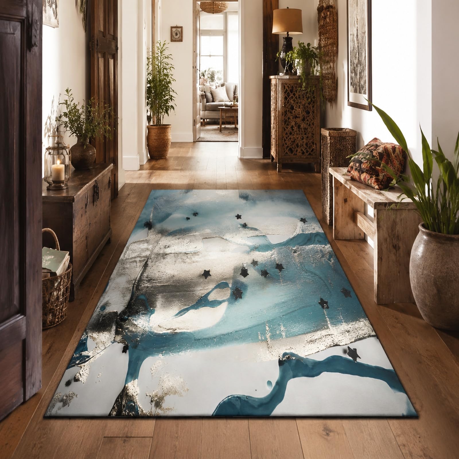 Tapis abstrait moderne bleu blanc gris noir 200 x 300 cm de salon