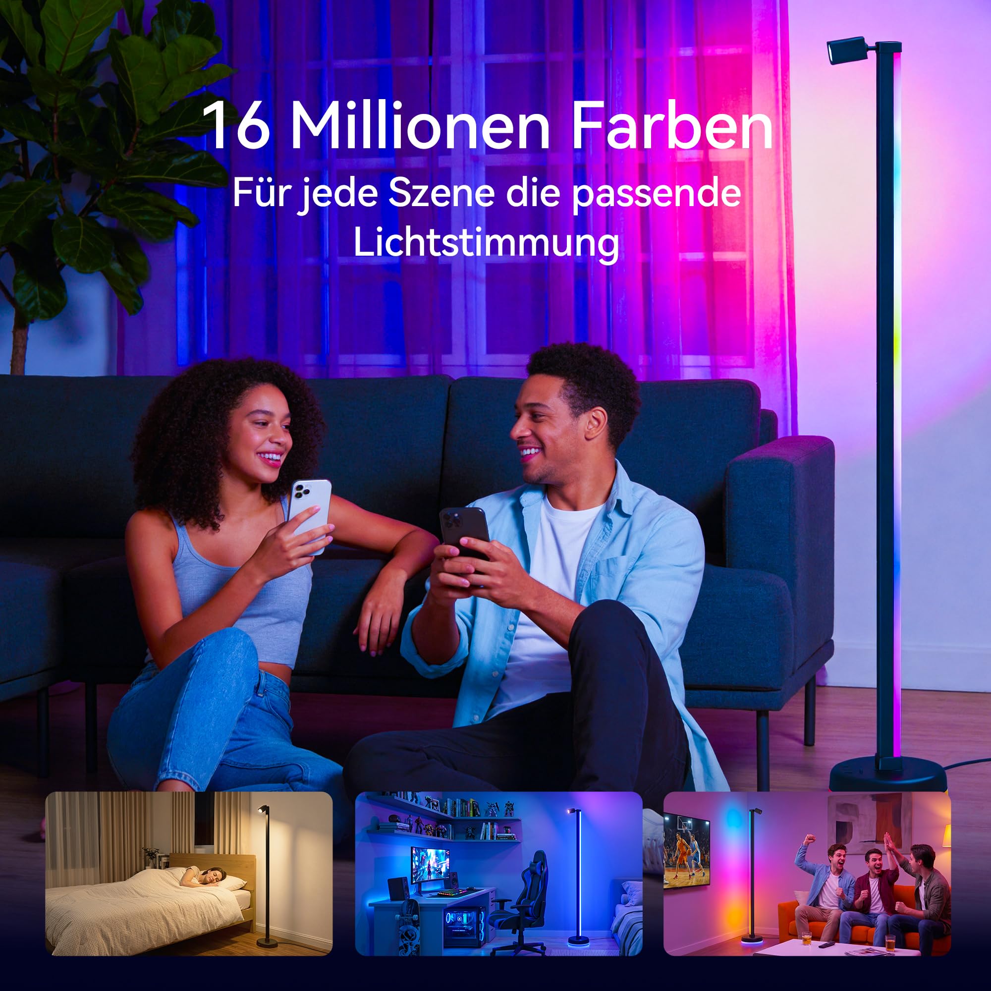 RGBICWW LED Stehlampe Wohnzimmer Dimmbar mit Leselampe 149,7cm | 16 Mio. Farben, 270° Licht, App & Fernbedienung, Musik-Sync, Timer für Schlafzimmer & Gaming, Lineora-02