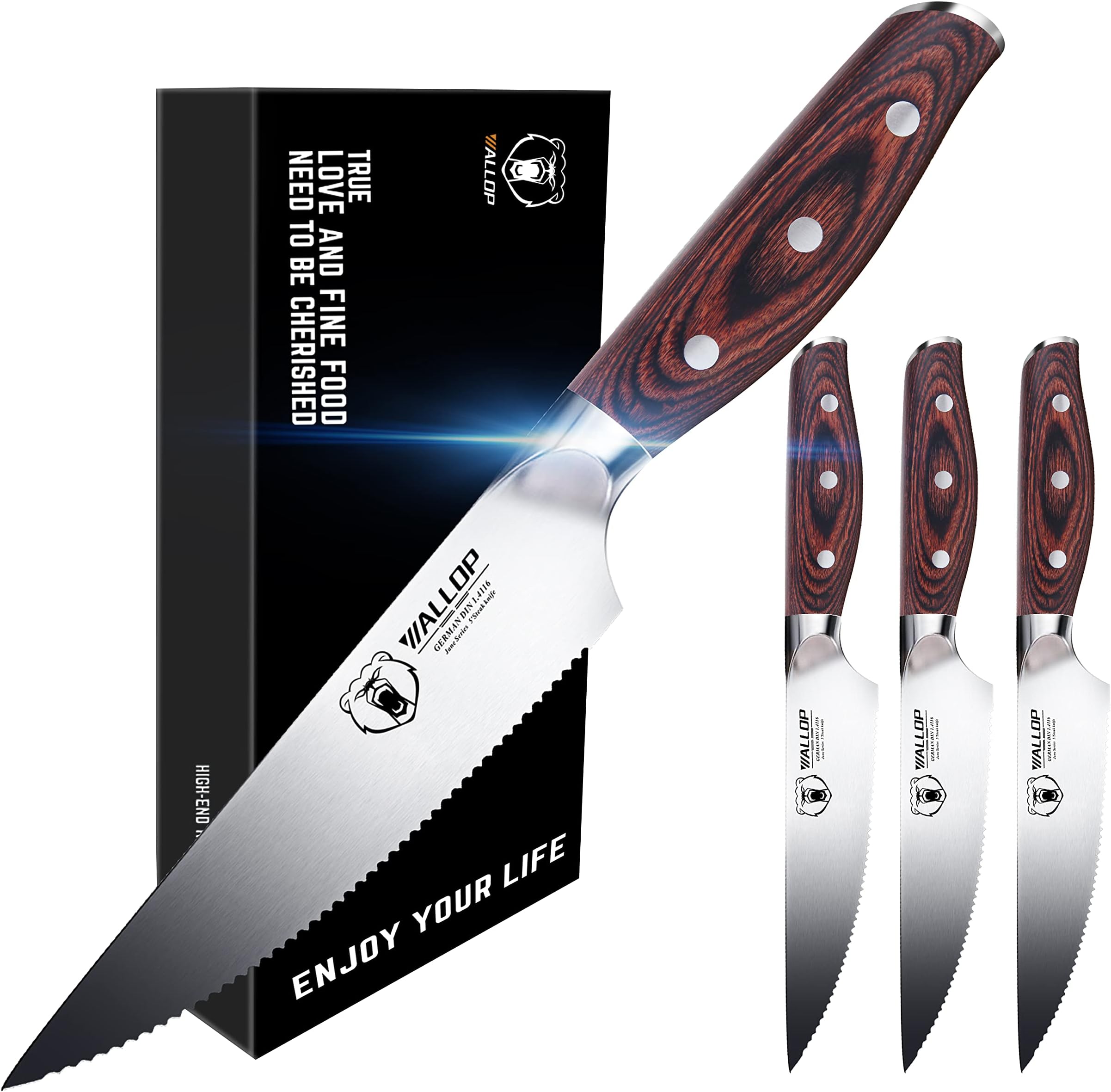 WALLOP Senior Steak knife - Steak Knives Set of 4 - Serrated Edge High Carbon German Stainless Steel Kitchen Knife - Pakkawood Handle Ergonomics Design - 5''- Jane Series