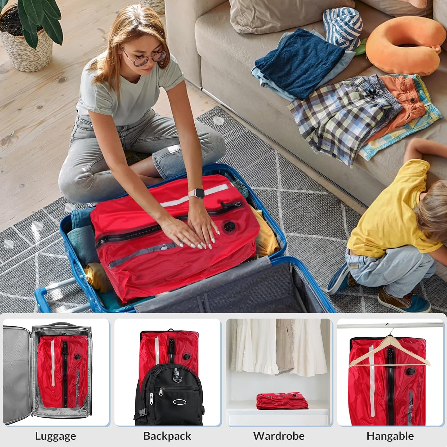 Newdehenm Reusable TPU Travel Vacuum Compression Bags - Waterproof Space Saver Bags for Luggage, Suitcase, Backpack, Storage Organizer (2 Pack, Red) - Image 4