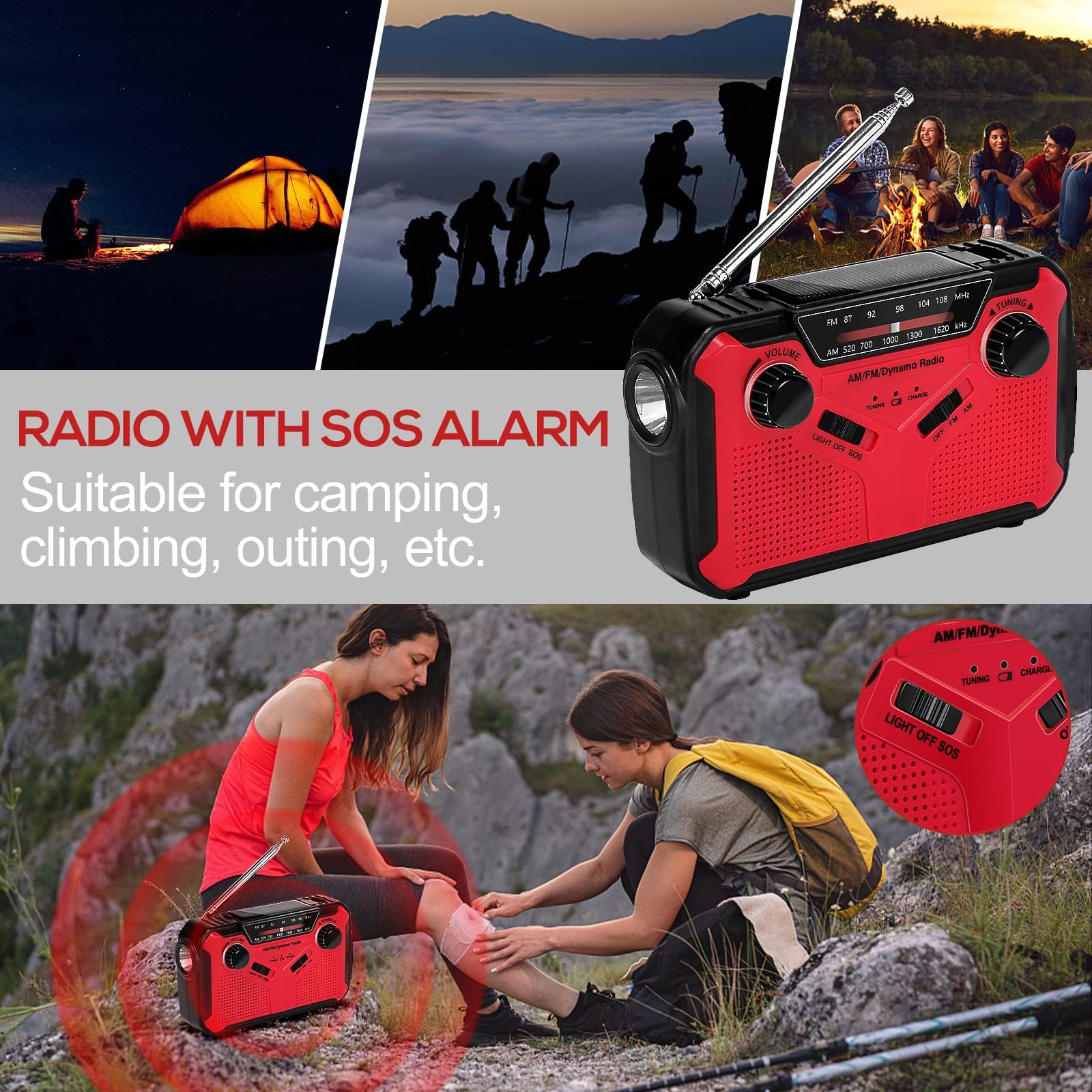 Radio Solaire Portable Radio d'urgence Météo 2500 mAh Radio à Manivelle avec AM FM Radio Dynamo Charge de Téléphone avec Lampe LED Alarme SOS Câble USB pour Randonnée Camping