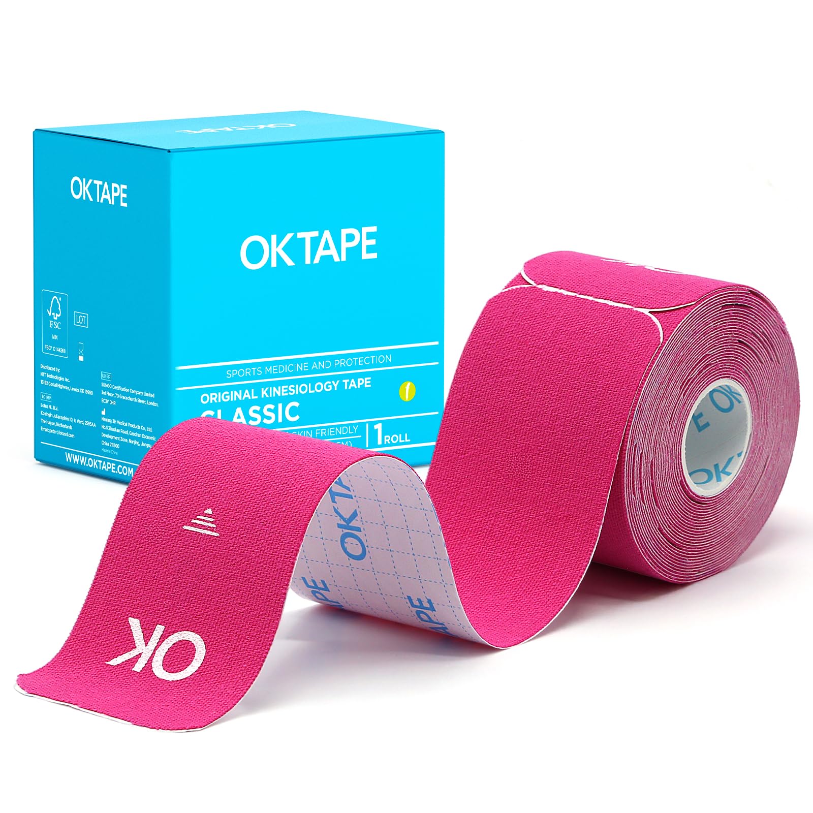Ok Tape - Cinta de kinesiología clásica, enrollada, elástica, precortada, en forma de I, cinta de algodón terapéutico sin látex, 25 cm por cada tira, 5 cm de ancho, 5 metros de longitud total, Rosado
