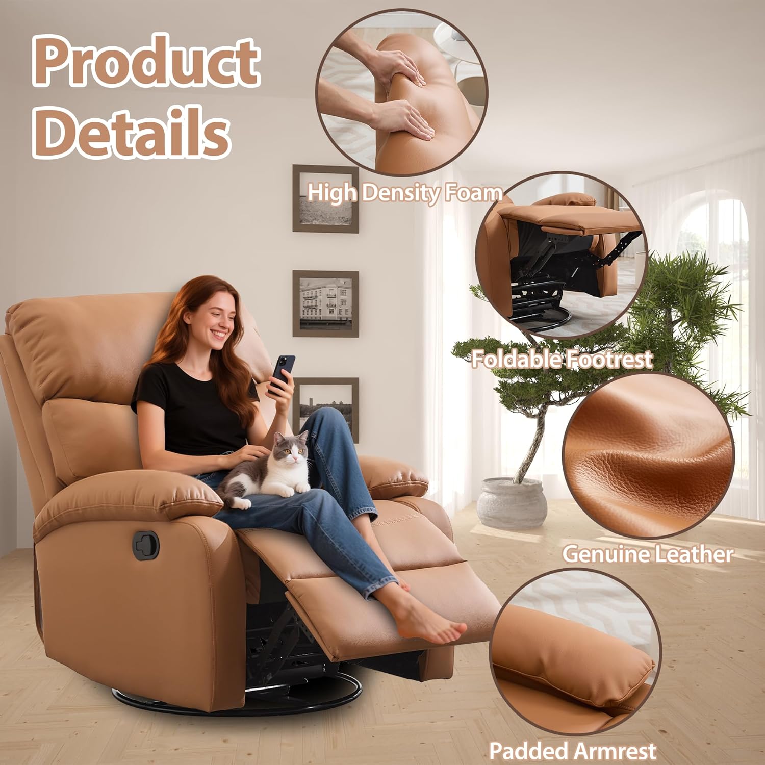 Genuine Leather Rocker Recliner Modern Manual Swivel Glider Recliner with Adjustable Backrest & Footrest Wall Hugger Swivel Rocking Recliner Chair for Modern Living Room and RV Warm Brown