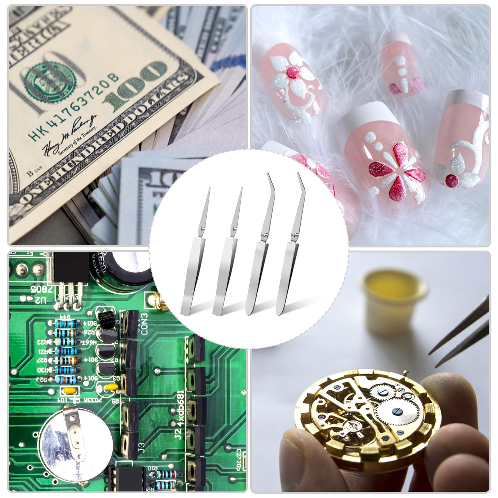4 Stück Pinzette Basteln Klemme Kreuzpinzette Lötpinzette Gebogen Und Gerade Kreuzverriegelungs Edelstahl Splitterpinzette Spitz Pinzetten für Schmuckherstellung Elektroniklabor Silber