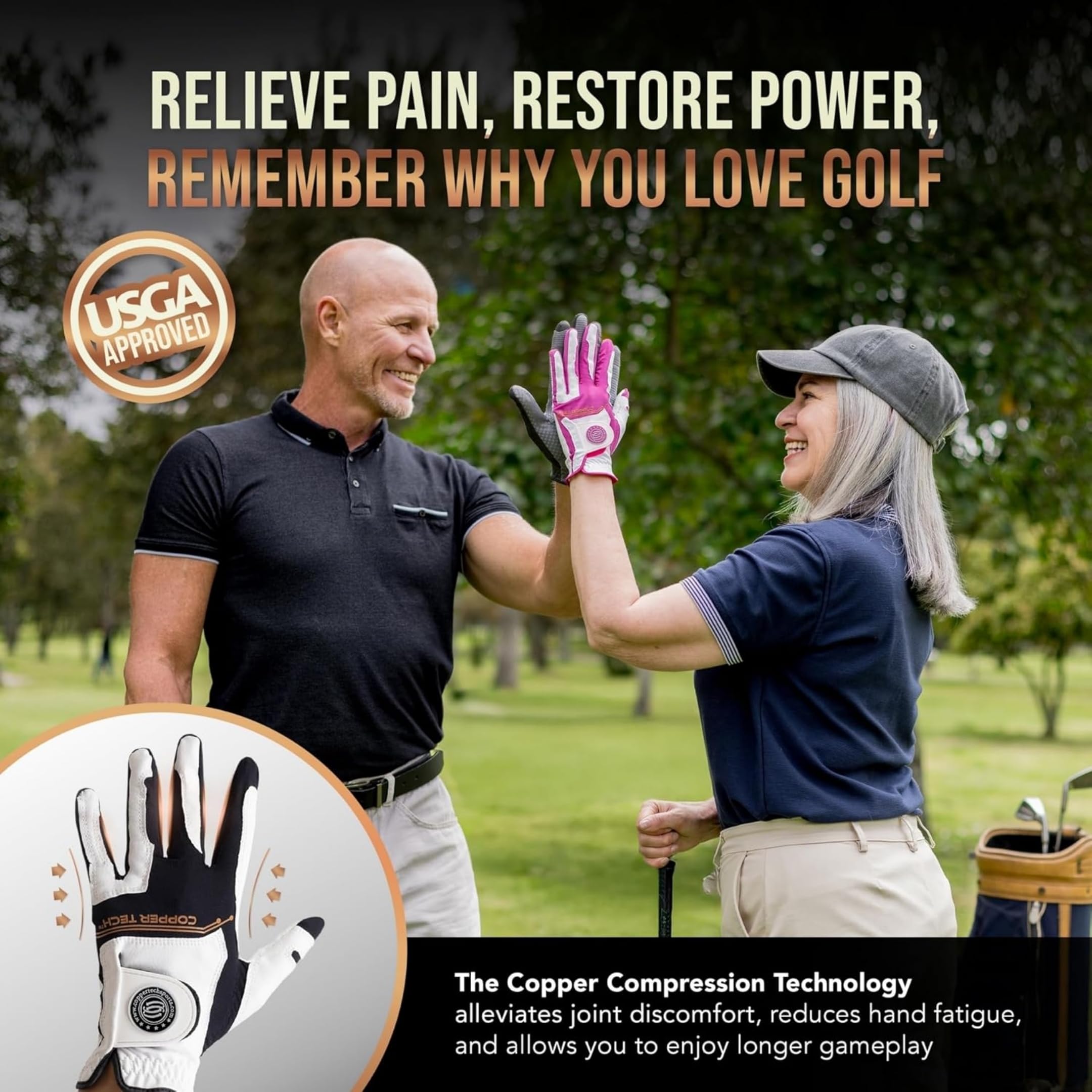 Copper Tech Damen Golfhandschuhe für Rechts- oder Linkshänder, Kupfer-Kompressionsgelenkstütze mit Flexibler und bequemer Passform, AAA Leder und klebrigem Silikon-Pad, 2 Stück
