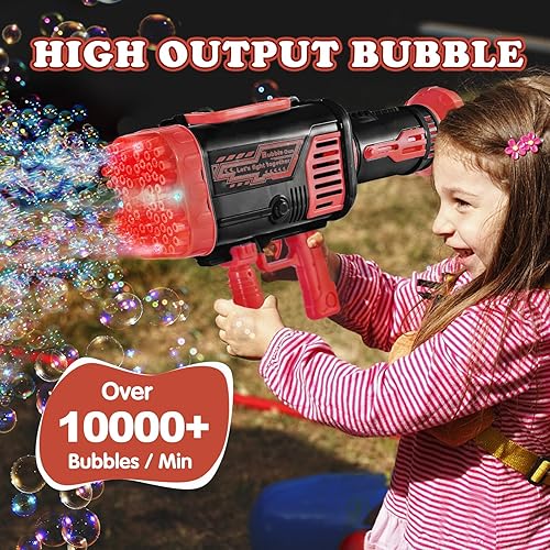 Miniatura 3 de Pistola de burbujas para niños, máquina grande de 64 agujeros con luz colorida, dos baterías recargables, seis burbujas de agua, color rojo