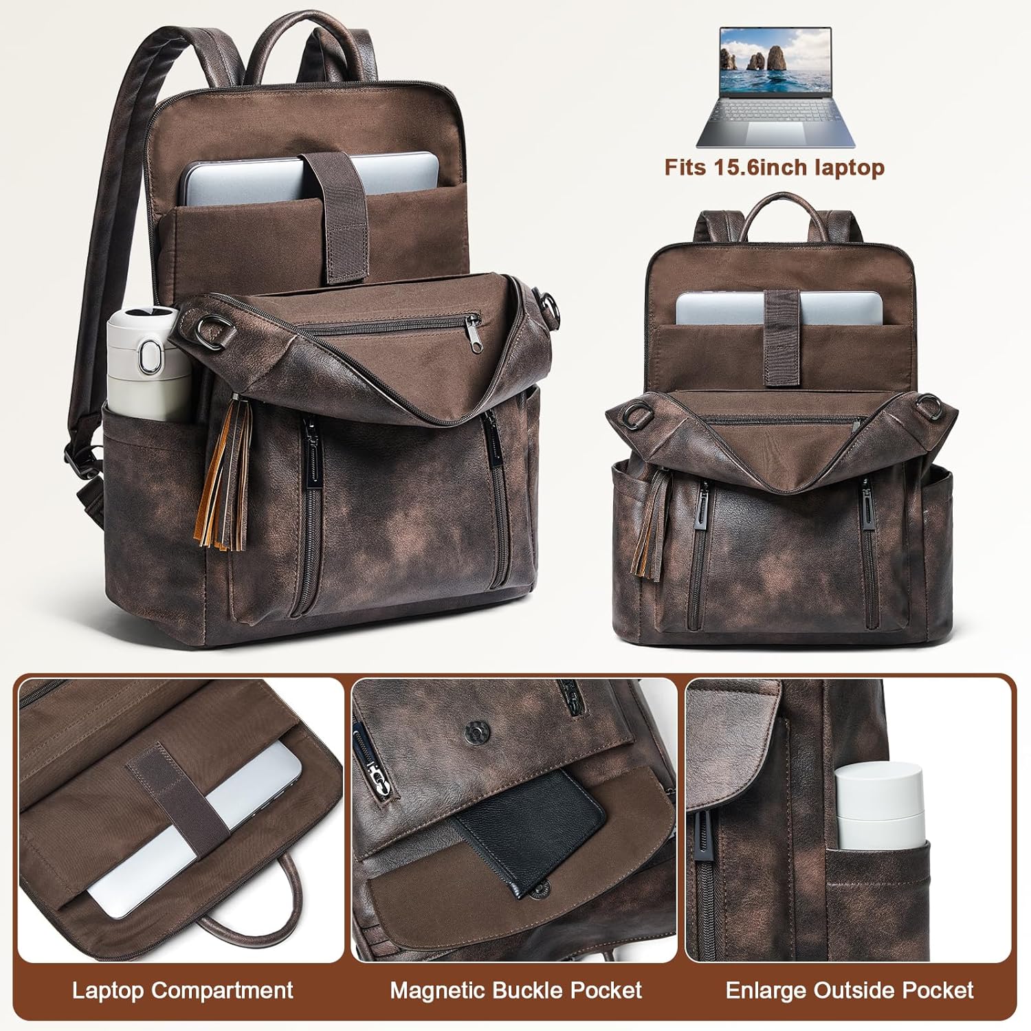 Shrrie Laptop Backpack for Women 15.6 inch,Travel Leather Backpack Purse Nurse Teacher Carry on Backpack Computer Bag,Professional Water-Resistant College Business Work Casual Daypack,Two-toned Coffee - Image 6