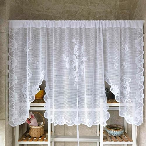 Miniatura 2 de 1 panel de cortina de encaje transparente con bordado floral blanco, cenefa de cortina de estilo princesa bordada en cascada para cocina, baño,