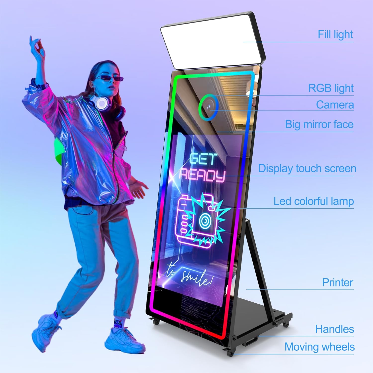 Mirror Photo Booth with Camera and Printer, 65’’ Magic Mirror Photobooth 43’’Touch Screen with Software, Fill Light RGB Mood Light with Flight Case, for Event Rental Bussiness-Black