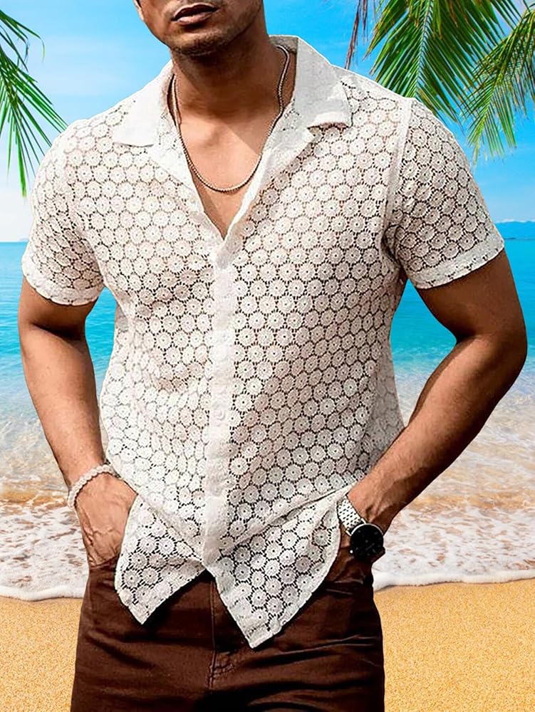 Men's Tee Hollow Perspective Top Casual Lace Shirt for Urban Men's Tee Hollow Perspective Top Casual Lace Shirt for Urban