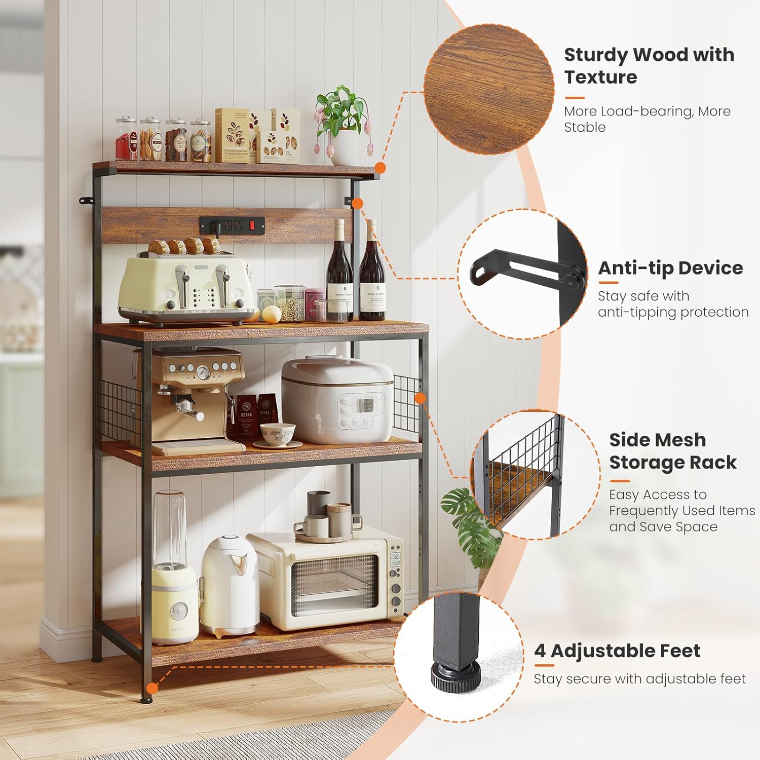 Sweetcrispy Kitchen Bakers Rack with Power Outlet, Coffee Bar Table 4 Tiers, Microwave Oven Stand Station, Adjustable Storage Shelf Freestanding Appliance Organizer - 24 Inch, Rustic Brown