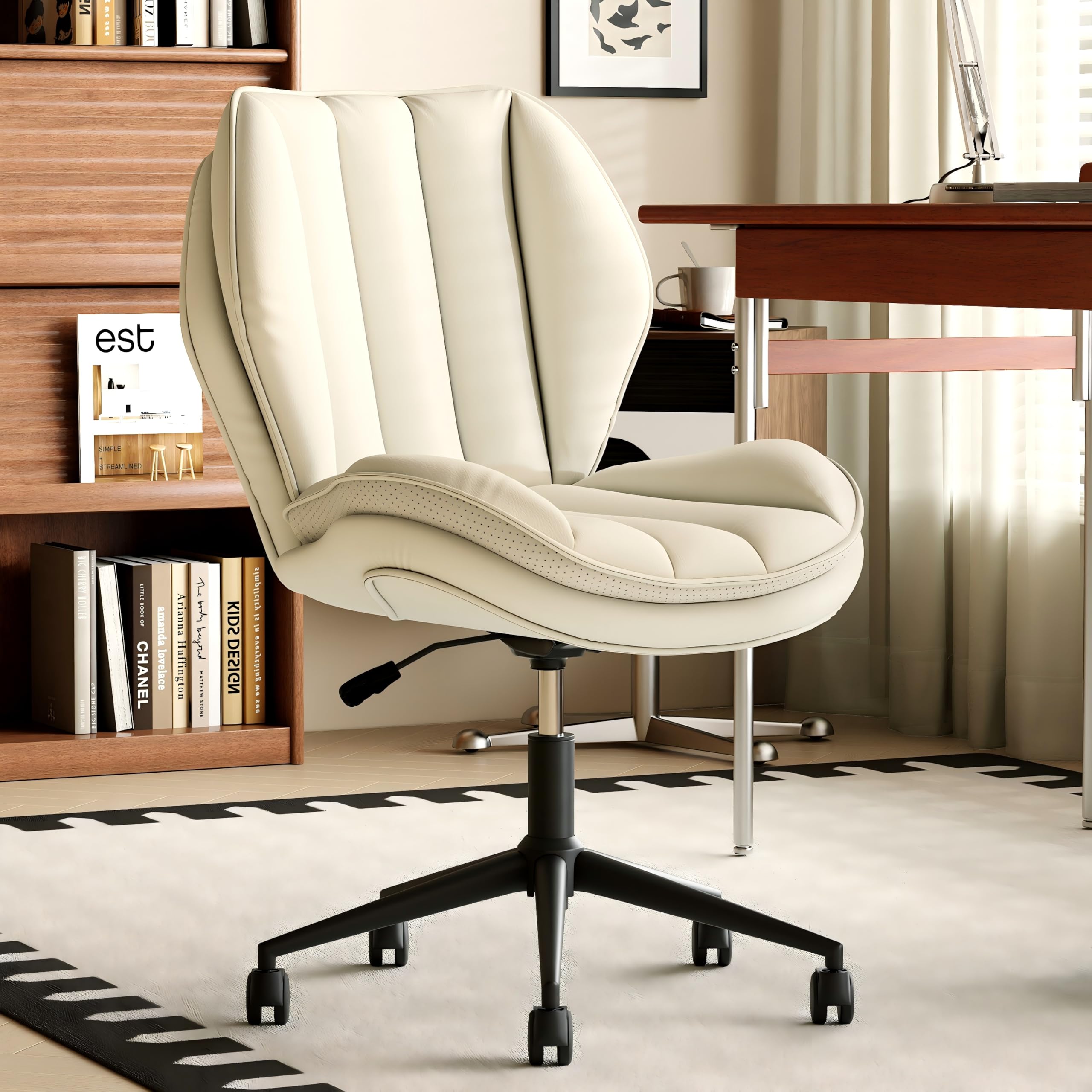 EIZIMZVU Silla de oficina sin reposabrazos, silla de oficina ergonómica con ruedas de hasta 150 kg, altura regulable, silla de oficina en casa de piel sintética, silla de escritorio (blanco)