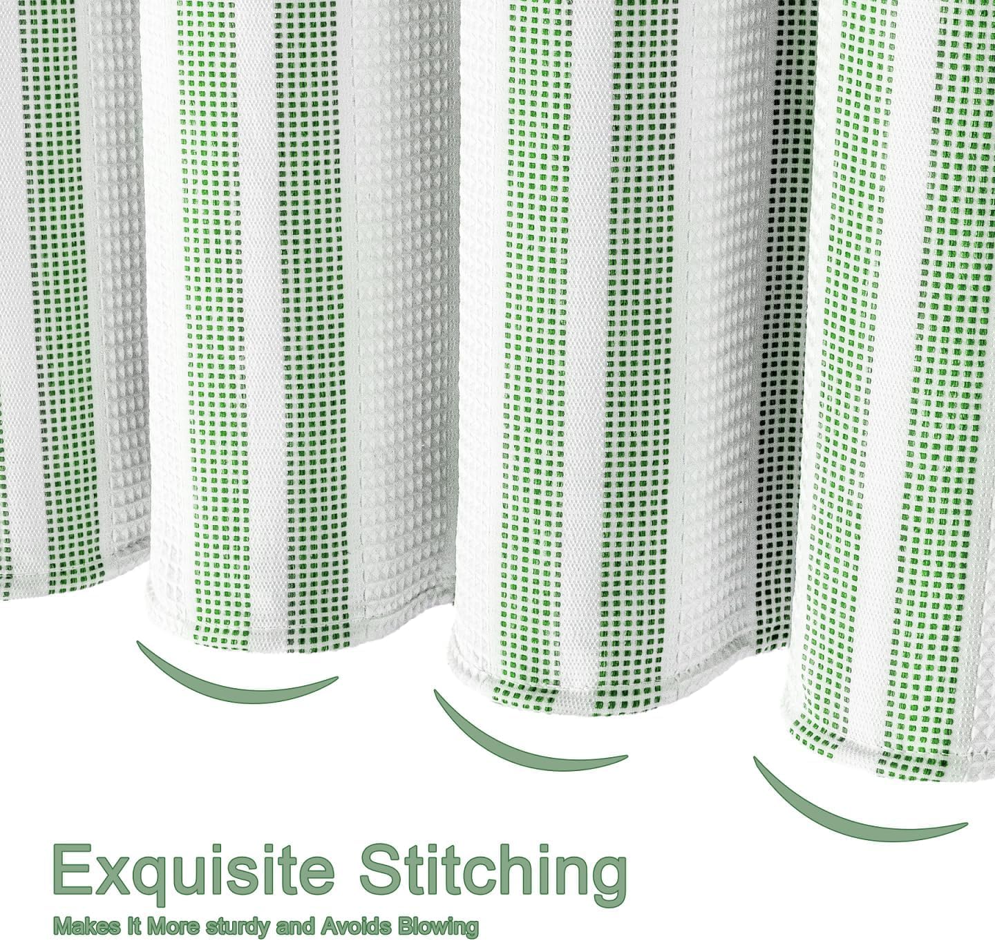 ORTIGIA Green Striped Shower Curtain 72x72 Inch, Waffle Textured Heavy Duty Thick Cloth Fabric Shower Curtains with 12 Metal Hooks,Green and White Bath Bathroom Shower Curtain