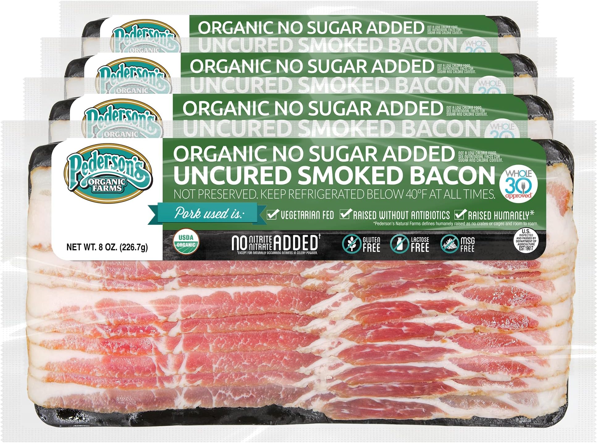 Pederson’s Farms, Organic Pork Bacon, Whole30 (4 Pack, Use/Freeze) 8oz – No Sugar Added, Uncured, Keto Paleo Diet Friendly, No Nitrites Nitrates, Made in the USA…