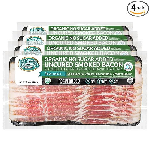 Pederson’s Farms, Organic Pork Bacon, Whole30 (4 Pack, Use/Freeze) 8oz – No Sugar Added, Uncured, Keto Paleo Diet Friendly, No Nitrites Nitrates, Made in the USA…