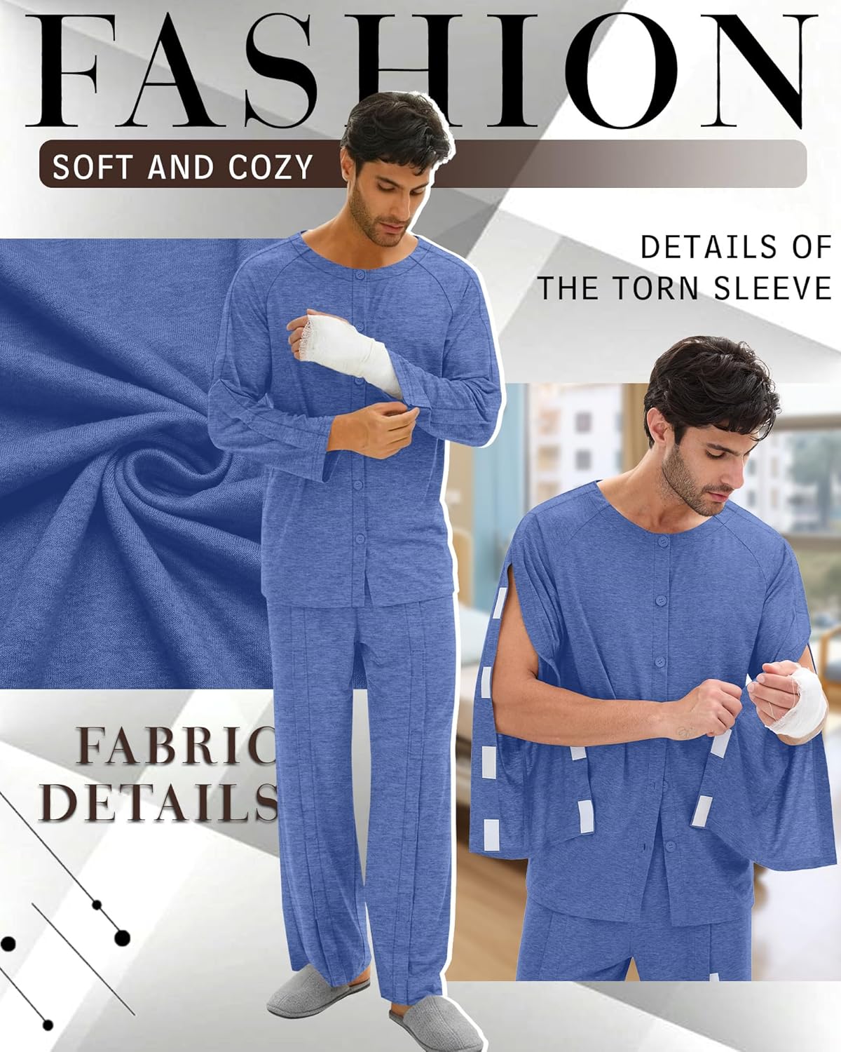 Mens Post Shoulder Surgery Shirt Tear Away Pant Fully Open Bedridden Patient Clothing Adaptive Hospital Gown Set - Image 6