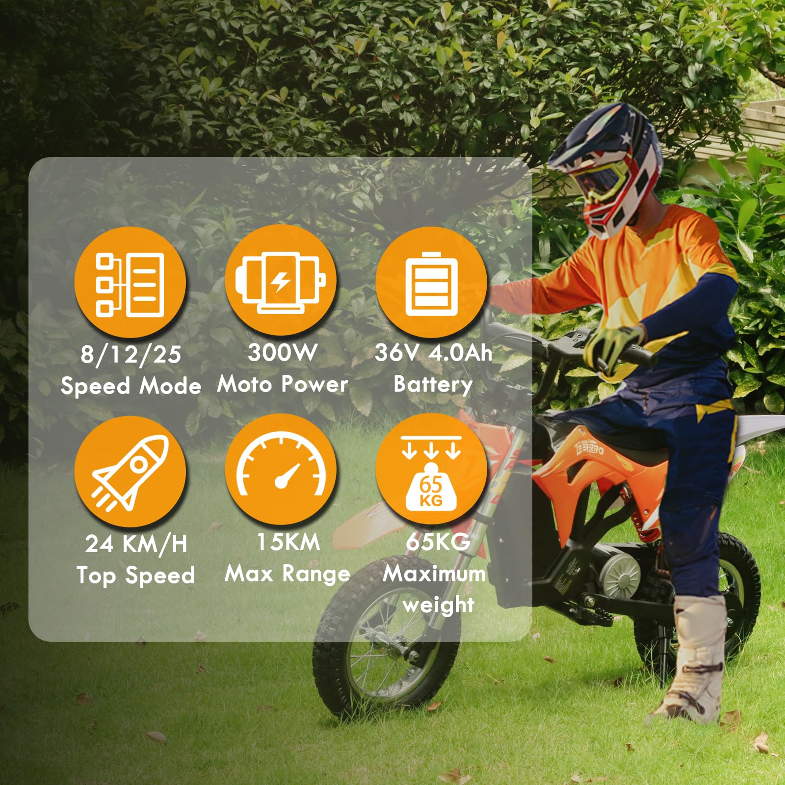 CCLIFE Elektro Motorrad Kinder Lithiumbatterie 36V 300W, 8/12/25 km/h, Elektrisch Pocket Bike Dirt Bike, Geschwindigkeit einstellbar, Max.65kg, Orange