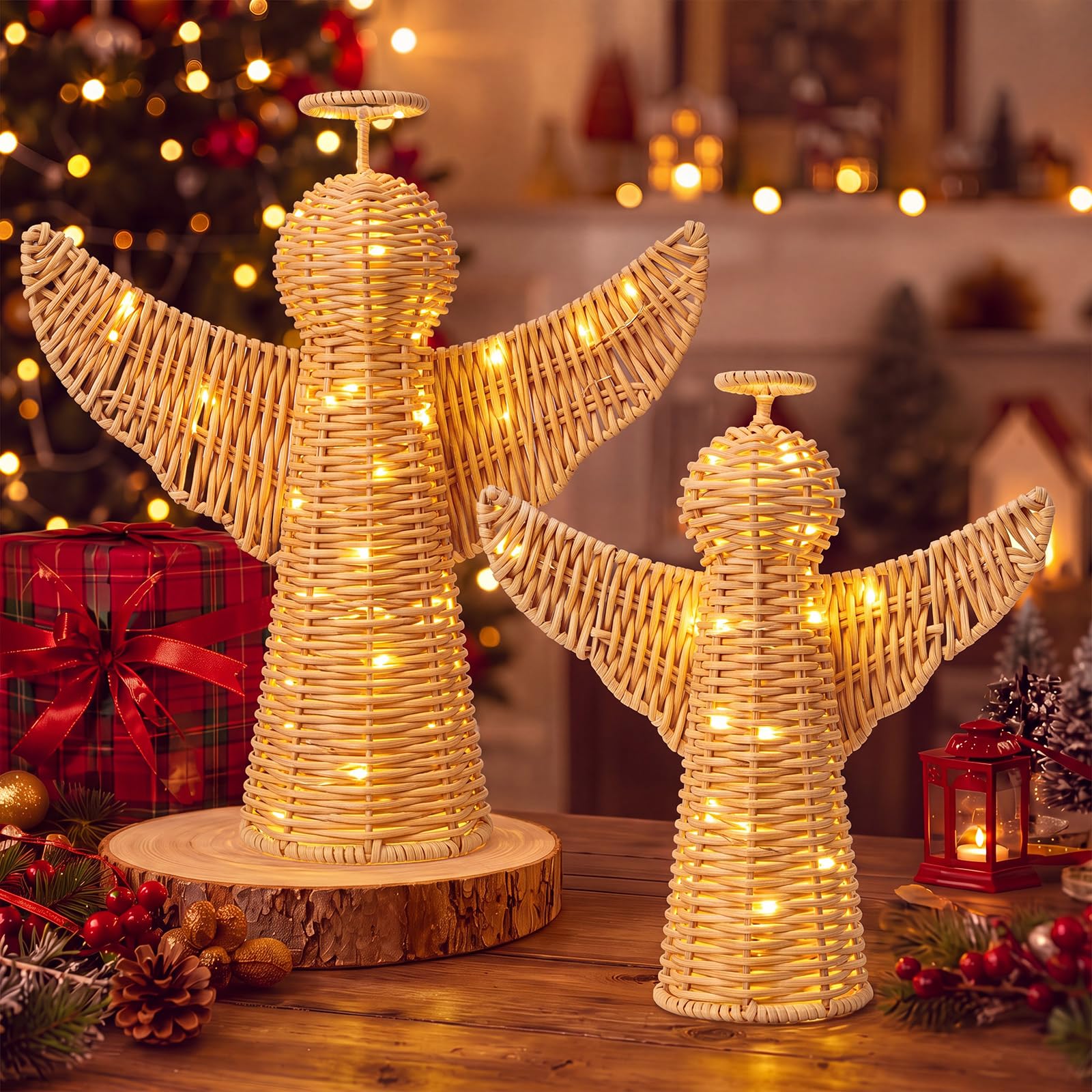 Yookeer 2 piezas de árbol de Navidad de ángel de ratán tejido con luces LED, adornos de mesa marrón natural hechos a mano para decoración rústica de vacaciones