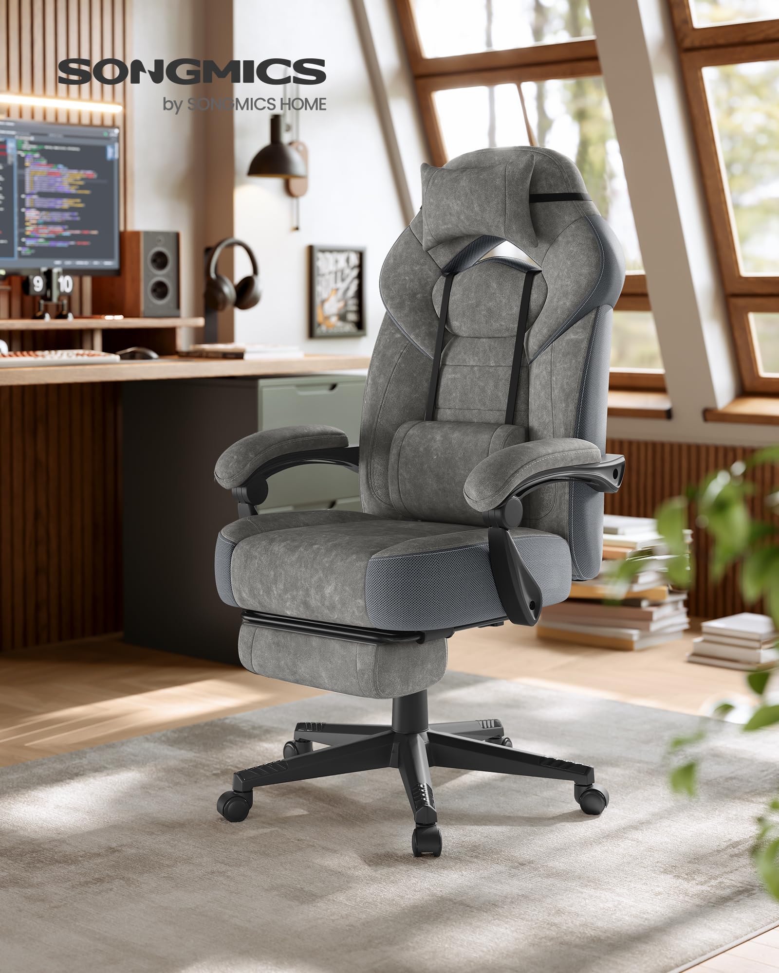 SONGMICS Gaming-Stuhl Bürostuhl ergonomisch Fußstütze Kopfkissen Lendenkissen 150 kg schiefergrau