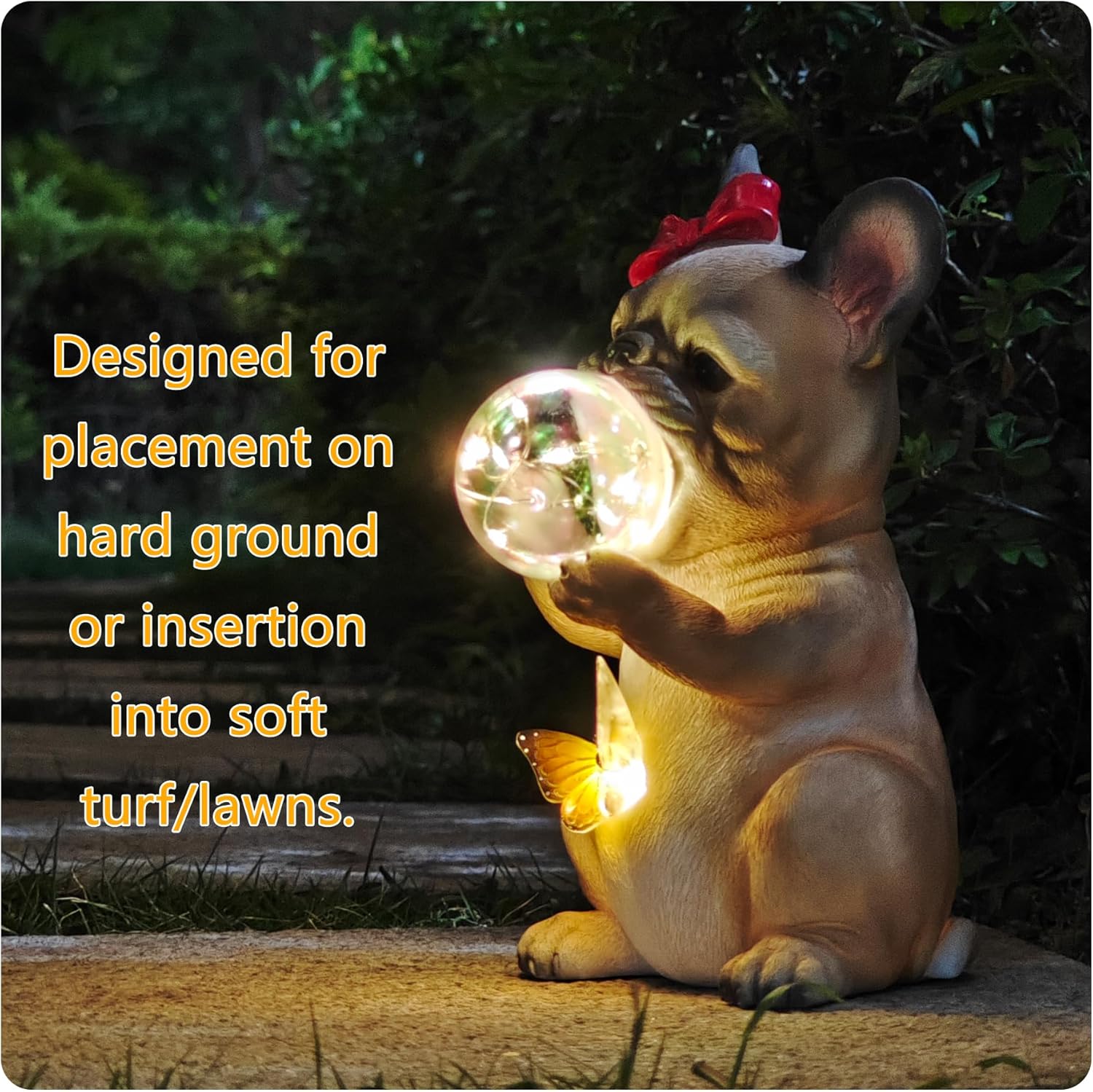 Solar Garden Dog Statue, Detachable Outdoor Decorative Stake, Whimsical French Bulldog with LED Bubble & Butterfly, Christmas Decorations, Waterproof Yard Decor for Patio,Lawn,Holiday & Birthday Gifts - Image 3