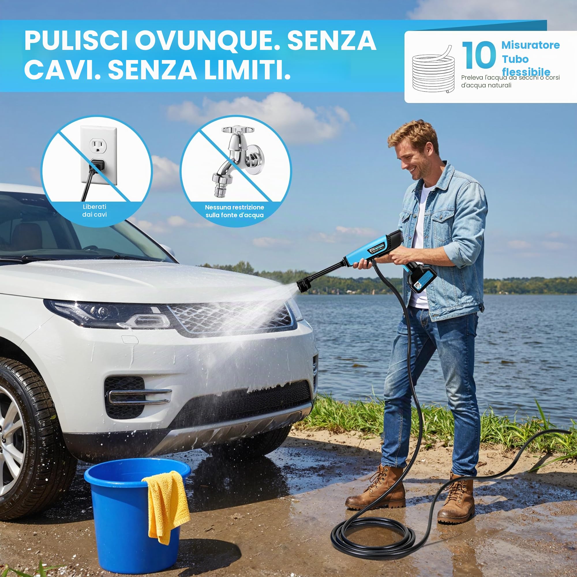 Idropulitrice Portatile a Batteria,Idropulitrice a Batteria 21V 80 bar,2x 4000mAh Ricaricabile Ugello 6 in 1 Tubo da 10M,Senza Fili Potente Pulivapor Portatile,Per Giardino Auto e Pulizie Esterne Casa