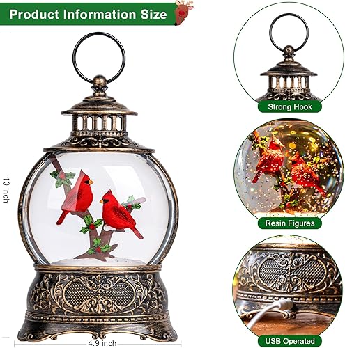 Miniatura 5 de Linterna de agua con globos de nieve de Navidad con cardenal, música y temporizador de 6 horas, con forro USB/funciona con pilas, faroles iluminados