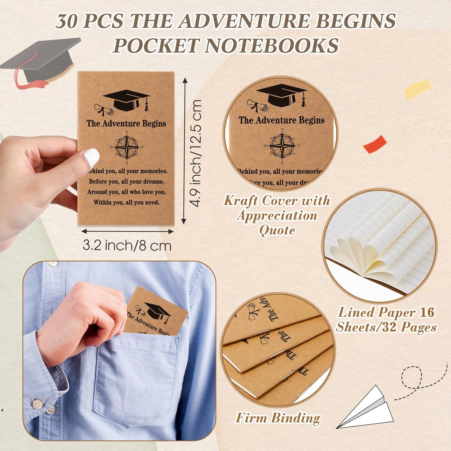 Resurhang 90 Pcs Class of 2026 Graduation Gifts Bulk Inspirational Pocket Kraft Notebooks and Ballpoint Pens with Wooden Keychains for 2026 Senior College Students Congrats Grad Gifts