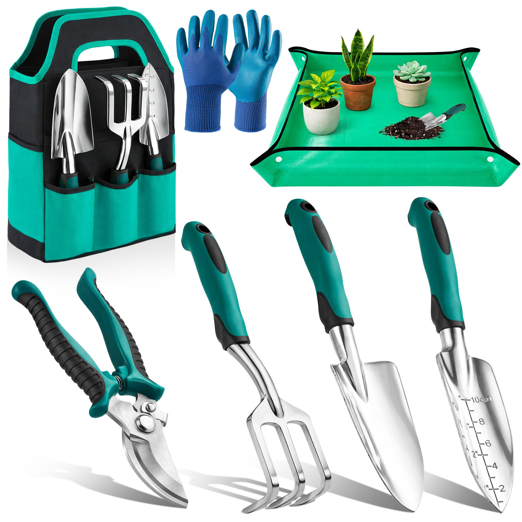 Novent Gartenwerkzeug Set, 7 Stück Gartenset aus Edelstahl, Gartenschaufel, Blumenschere, Handgrubber, Pflanzschaufel mit Aufbewahrungstasche - Geschenke für Frauen, Männer Garten