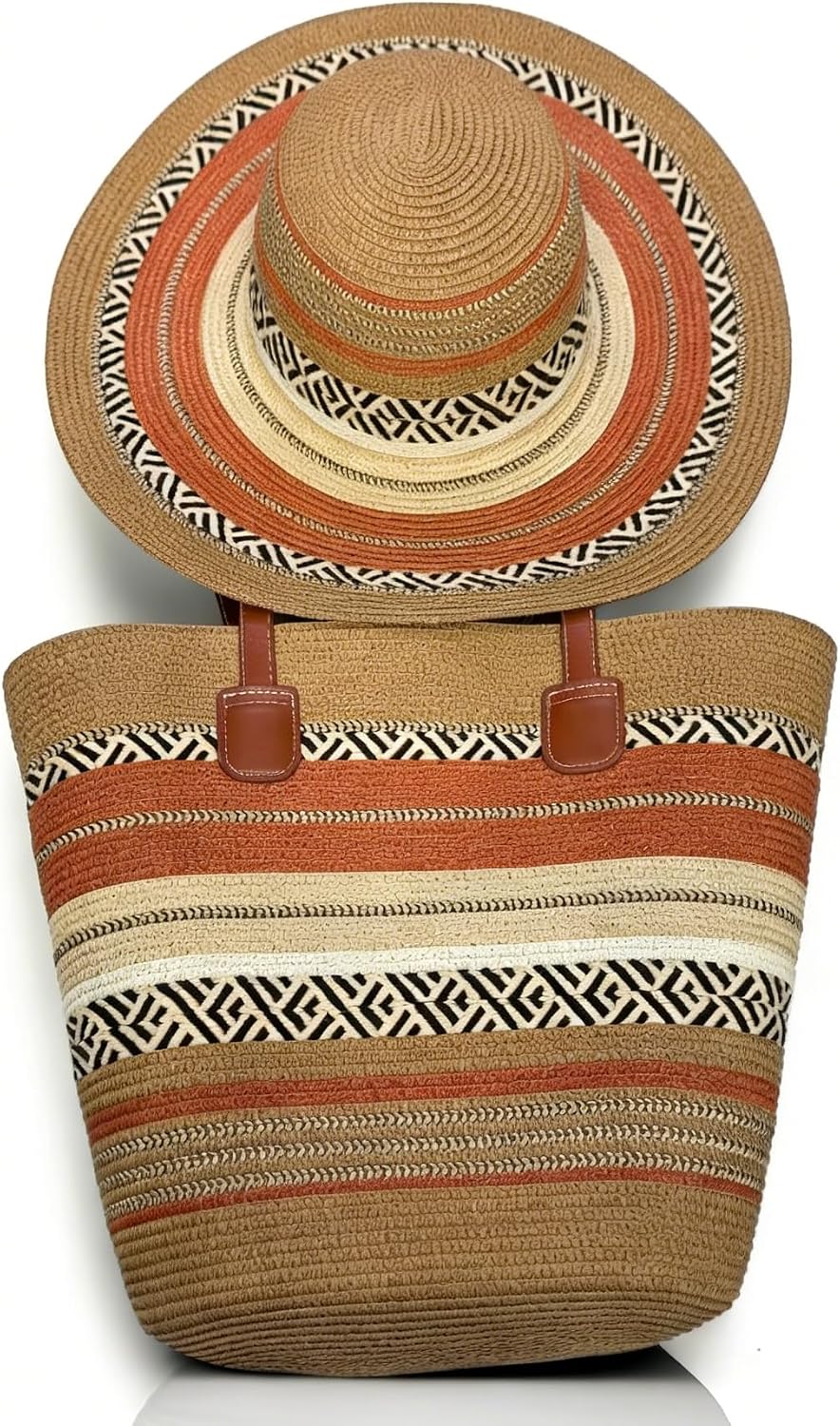Women's Wide Brim Sun Hat UPF50 Straw Summer Floppy Beach Hat & Large Straw Beach Bag with Zipper Woven Tote Handbag Travel Vacation Accessories Khaki