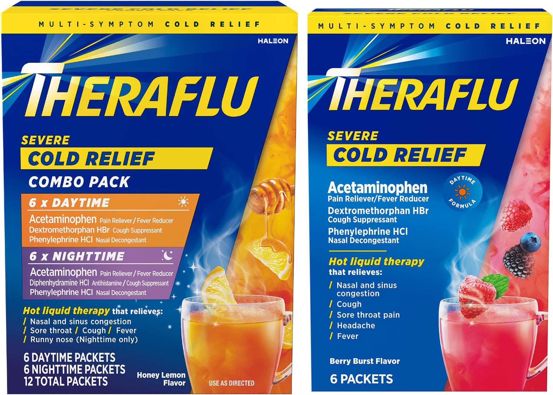 Theraflu Combo Daytime and Nighttime Severe Cold Relief Honey Lemon Flavor Powder_ and Daytime Severe Cold Relief Berry Burst Flavor Powder, _6 Daytime + 6 Nighttime, and 6 Berry Burst Powder Packets