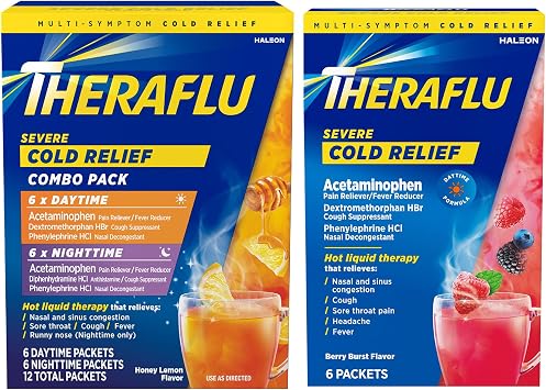 Theraflu Combo Daytime and Nighttime Severe Cold Relief Honey Lemon Flavor Powder_ and Daytime Severe Cold Relief Berry Burst Flavor Powder, _6 Daytime + 6 Nighttime, and 6 Berry Burst Powder Packets