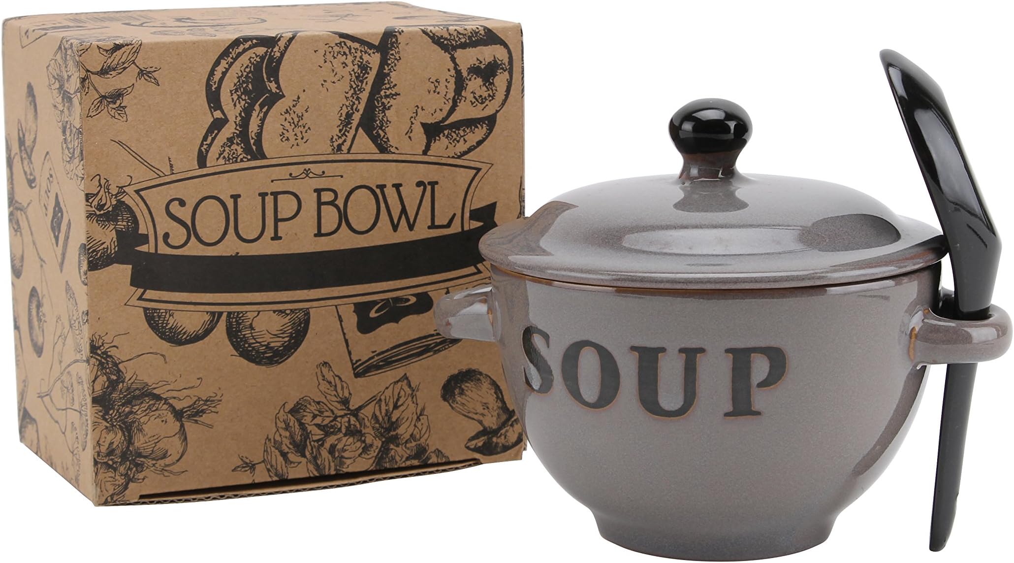 Grey Stoneware 400ml Soup Bowl and Spoon Set in Gift Box | Country Farmhouse Chic | Breakfast Lunch Dinner Tea GA635GREY