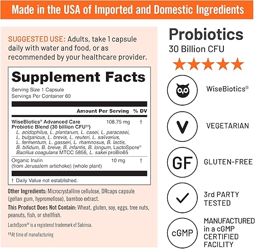 Miniatura 5 de NatureWise Max Probiotics for Women & Men - 30 mil millones de UFC, 18 cepas + prebióticos orgánicos, para la salud intestinal y digestiva, cápsulas