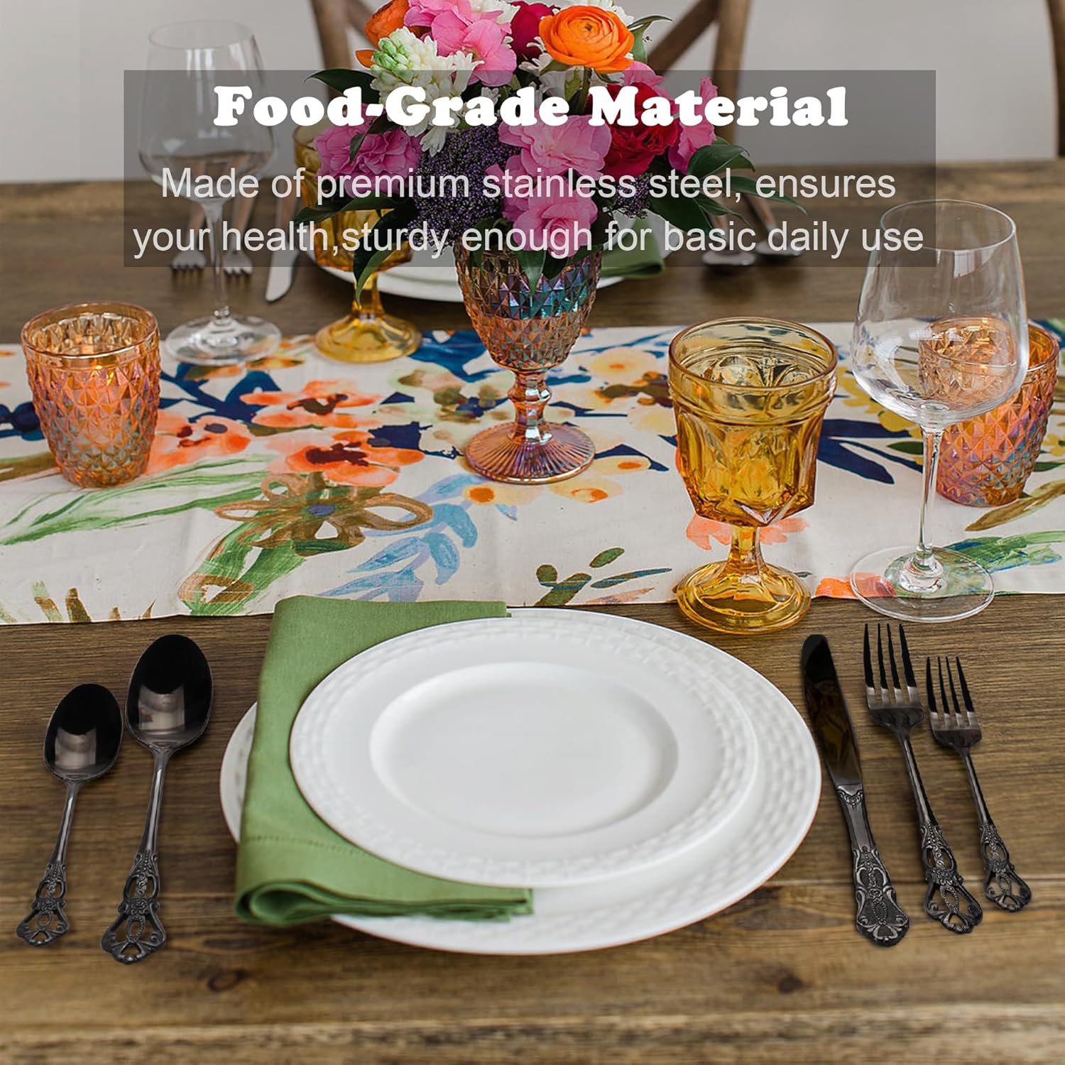 Runfly Gorgeous Retro Royal Black Stainless Steel 20 Pieces Flatware Set, Black Silverware Set, Anti-rust Stainless Steel dark Cutlery Set Utensils Including Fork Spoon and Knife