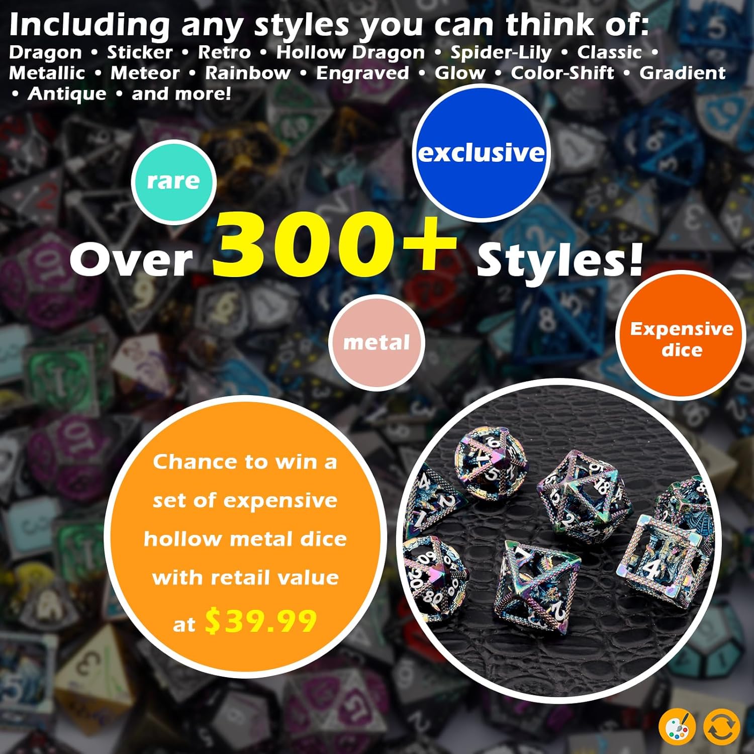 Haxtec Mystery Metal DND Dice Set 7pcs Polyhedral Dice + 3 Funny Waterproof Stickers + 1 Enamel Pin, Metal Dice for Dungeons & Dragons, Possible Hollow Dice, Great DND Gift, No Duplicates in 2/5 Packs