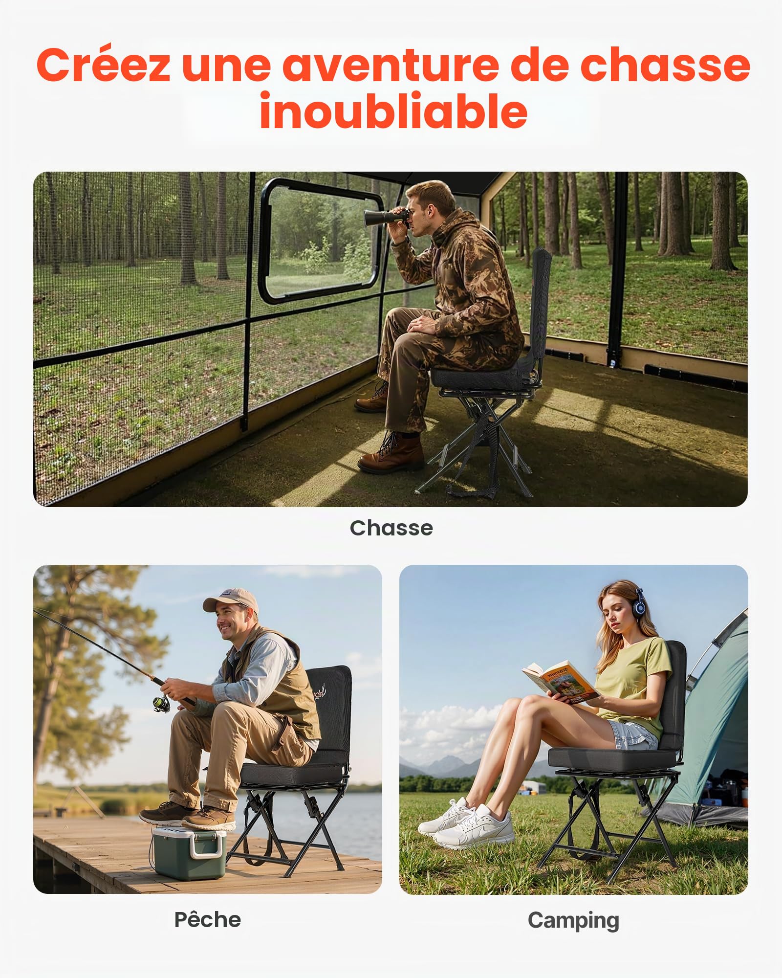 VEVOR Chaise de Chasse Pivotante à 360°, Siège de Chasse Pliable, Portable et Silencieux, Cadre en Acier Robuste avec Bandoulière Réglable, Capacité de Charge de 136 kg, pour Pêche et Camping