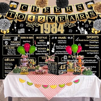 42nd Birthday Decorations for Women Men, 18PCS Black Gold Back in 1984 Banner Decorations, Bday Backdrop, 42 Year Old Banner for Her Him, Birthday Card, 6 Paper Poms 9 Honeycomb Balls