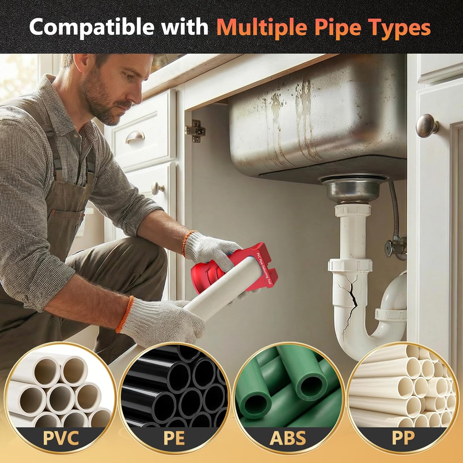 9-in-1 PVC Pipe Deburring Tool, Adjustable Chamfer Tool 0.5"–4", PVC Pipe Reamer, Plastic Pipe Deburr Tool for PVC CPVC ABS PP PE, Plumbing Chamfer Reamer Tool Set (Red)