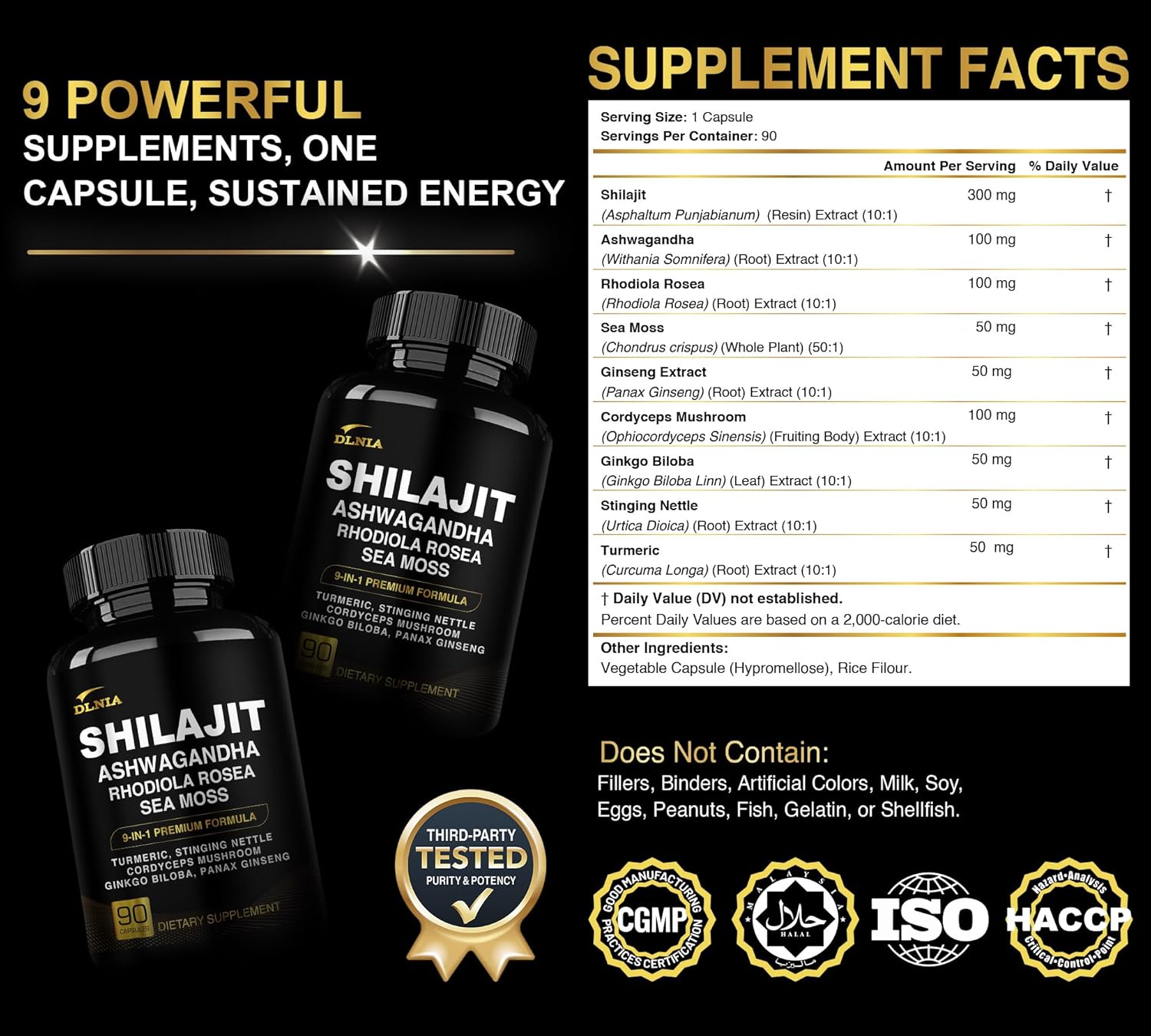 DLNIA Shilajit 9-in-1 Capsules – Organic Himalayan Complex with Ashwagandha, Sea Moss, Turmeric & More – Vegan, Lab-Tested, Immune & Energy Support for Men & Women – 90 Capsules
