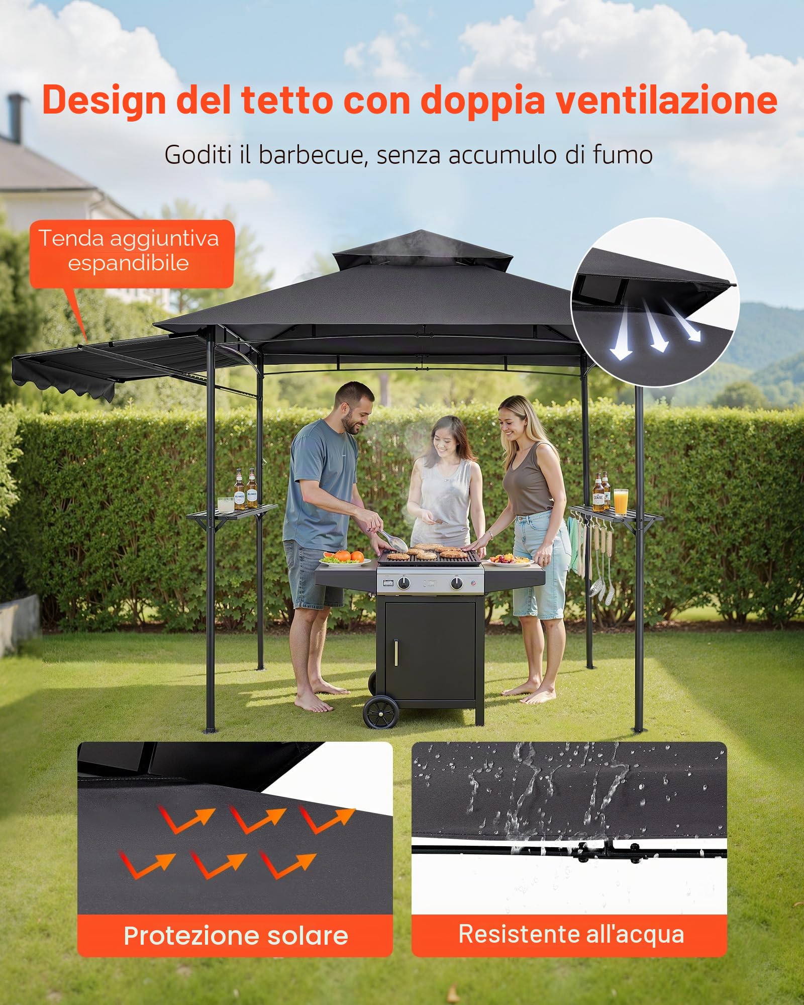 VEVOR Gazebo per Barbecue 243x150 cm, Tenda Gazebo per Barbecue da Esterno con Tettoia, Tetto a 2 Livelli, Copertura per BBQ da Giardino in Acciaio Verniciato a Polvere, per Grigliate, Feste, Picnic