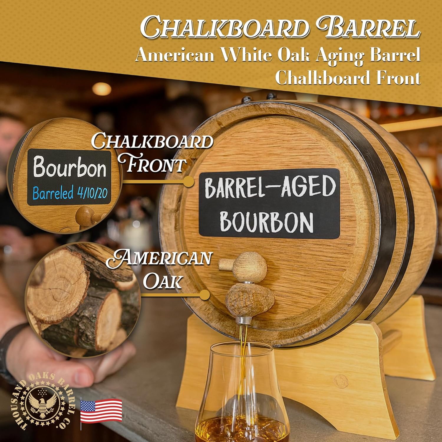 American Oak Barrel (2 liter) with Chalkboard Front - Charred Mini Keg for Aging Cocktails, Bourbon, Scotch, Whiskey, Gin, Hot Sauce - Home Bar Decor by Thousand Oaks Barrel Co.